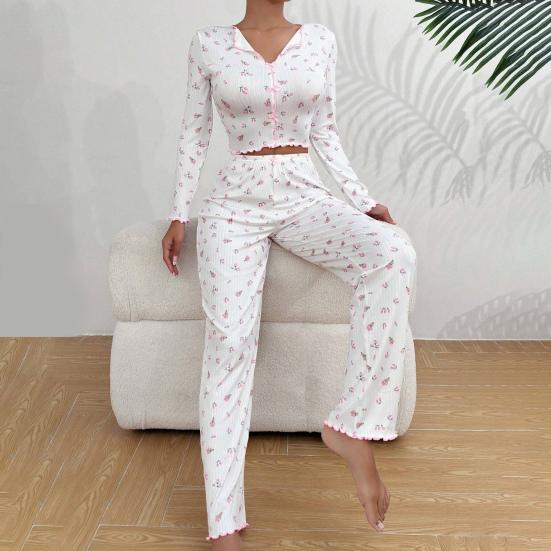 Пижамный комплект для женщин с вишневым принтом, кроп-топ с длинным рукавом и длинные