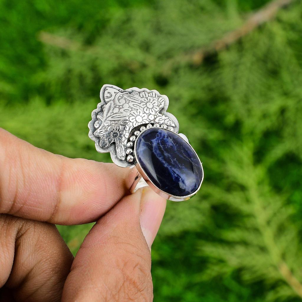 Sterling Silver Third Eye Chakra Sodalite Gemstone Unique Solitaire Artisan Ring