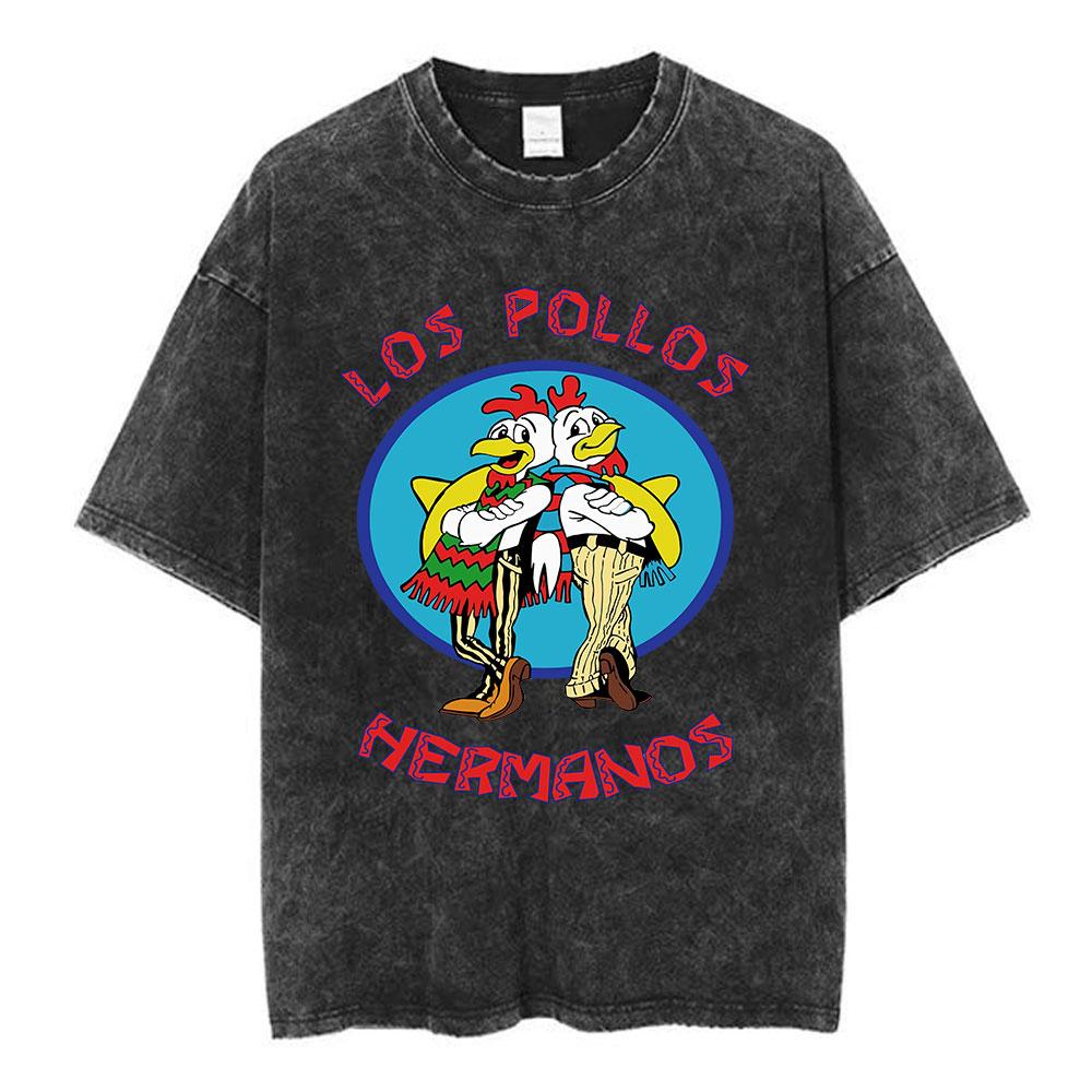 Unisex Los Pollos Hermanos Tshirt YK Breaking Bad Print Black Washed Oversized Short Sleeve Streetwear Tops
