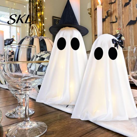 Seasonal Holiday Decor Halloween Ghost Decoration, Light-Up with Witch Hat/Bow, Decoration Spooky Standing for Porch Yard Outdoor Party