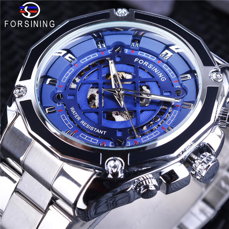 Forsining Men's Fashion Casual Blue Openwork Waterproof Mechanical Watch