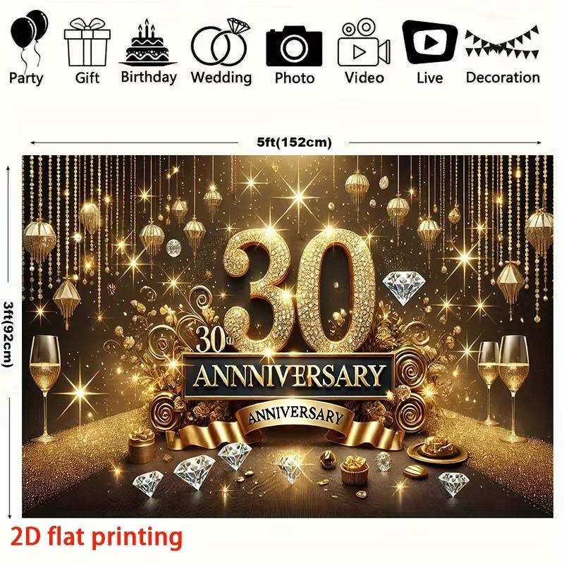 Элегантный 2D фон для 30-летнего юбилея, Баннер для празднования с золотыми и черными бриллиантами