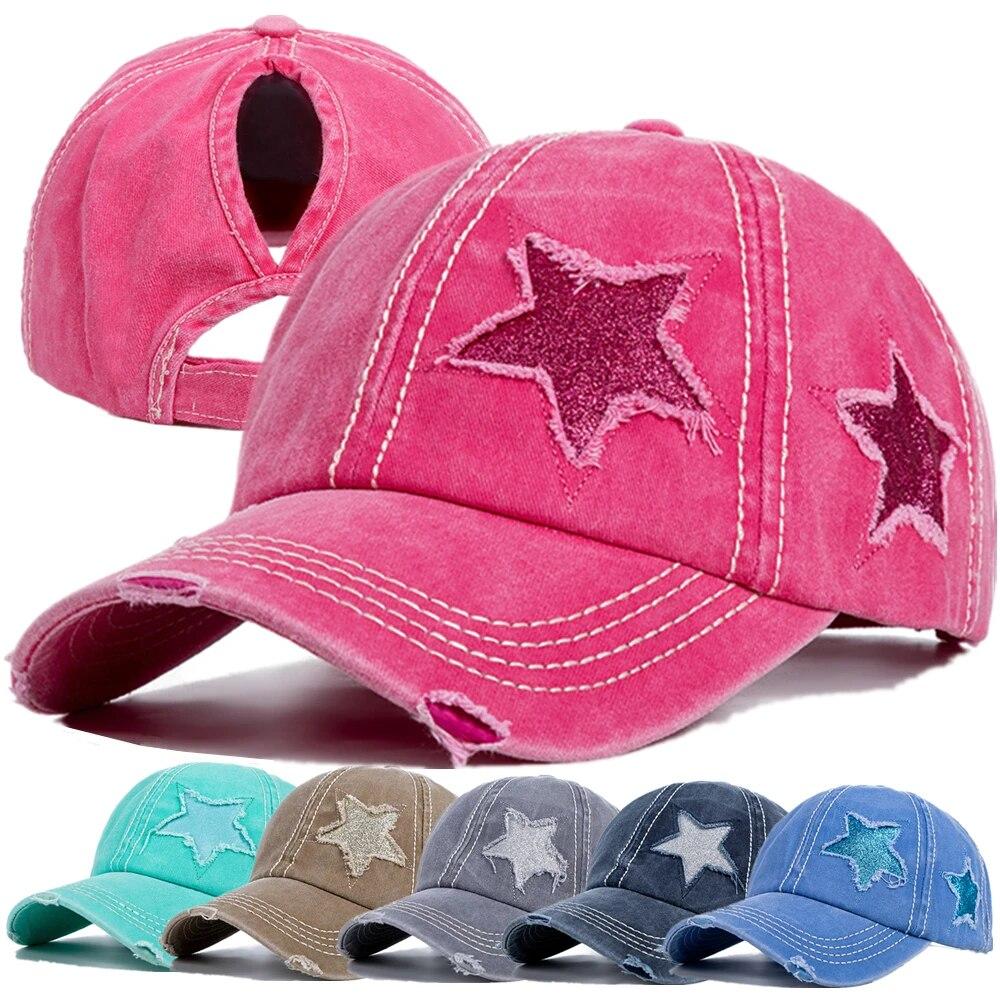 New Fashion Women Ponytail Cap Sequins 5-Point Star Hole Design Baseball Cap Female Washed Cotton Streetwear Hats