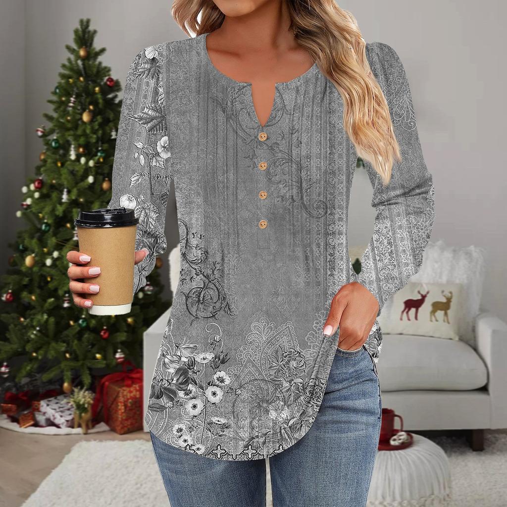 Женская мода повседневная плиссированная футболка с круглым вырезом и декоративными пуговицами и цветами с длинным рукавом