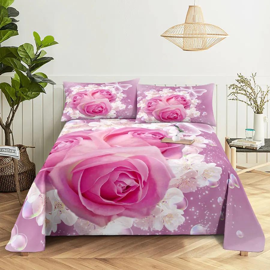 Pink Floral Bed Sheet Set Pillowcase Bedding Linens Cover Flower Queen King Twin Full Size for Single Double Bed Soft Thin