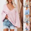 Women's Large V-neck Wave Striped  Sleeve Knitted Beach Loose Pullover Sweater