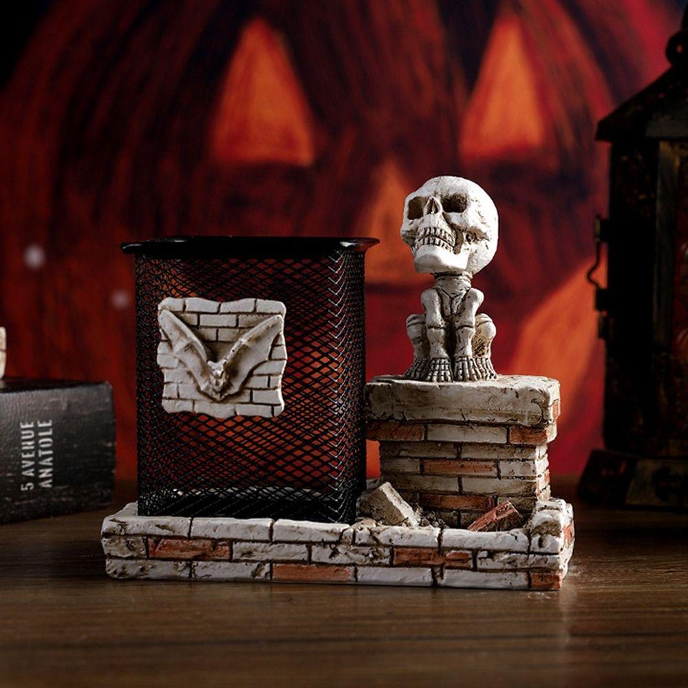 Resin Crafts Halloween Skull Pen Holder Funny Skeleton Toothbrush Holder  Home Desktop Decoration