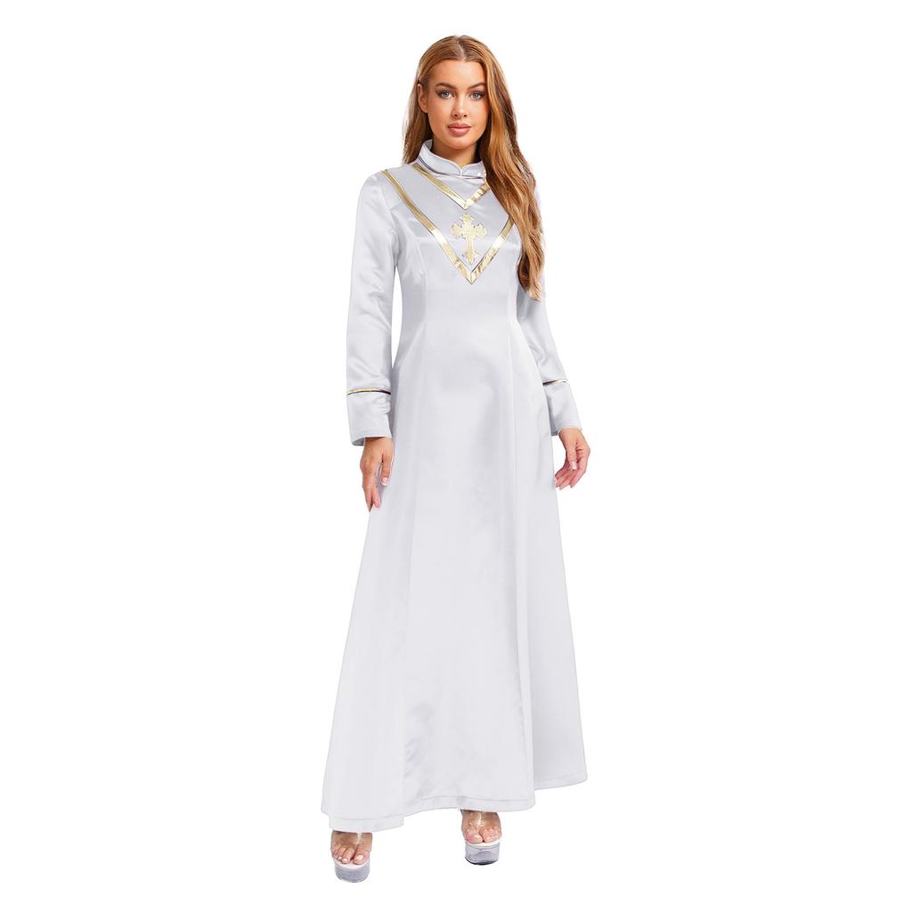 Womens Priest Cleric Cassocks Embroidered Cross Long Sleeve Back Zipper Long Robe