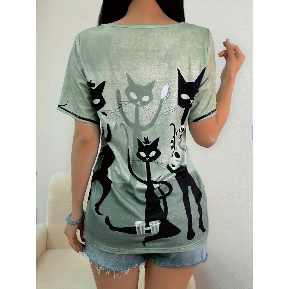 Футболка с коротким рукавом с принтом кошки, Повседневный топ для весны и лета, Женская одежда