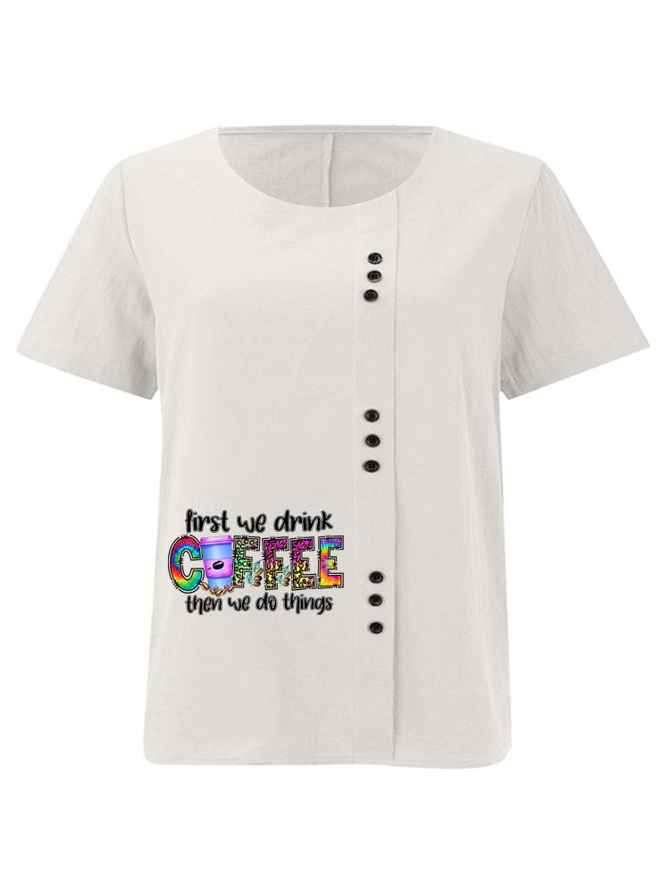 Women's Fashion Coffee Alphabet Print Printing Shot Sleeve T-shirt Loose Cotton Shirt Casual Loose Summer Plus Size Blouse Tops