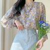 Qooth Women Floral Chiffon Long Sleeve Shirt Elegant Korean Style Spring Printed Sweet Blouse QT1927