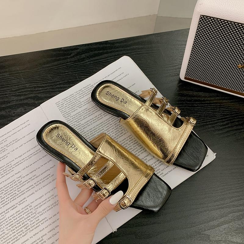 Fashion New Retro Square Toe Flat Fashion Slippers Women's 2025 Summer New Fairy Style Belt Buckle One-word Belt