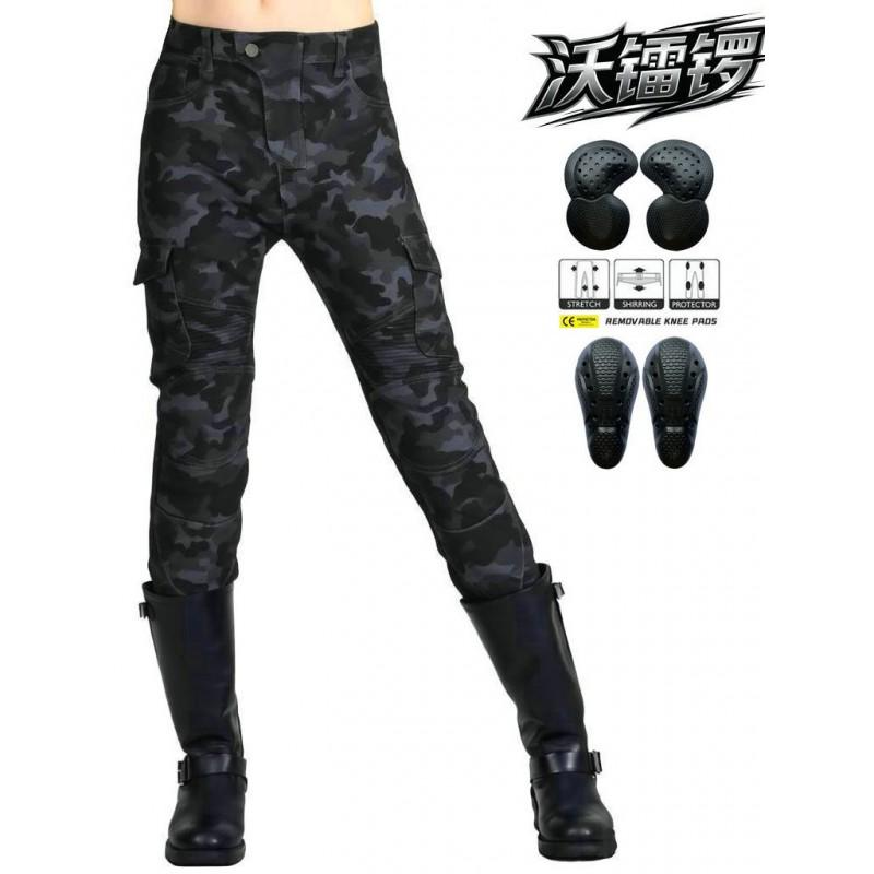 Womens Motorcycle Riding Pants With Protective Padding Camouflage Denim Style Stretchable All-Season Biker Trousers