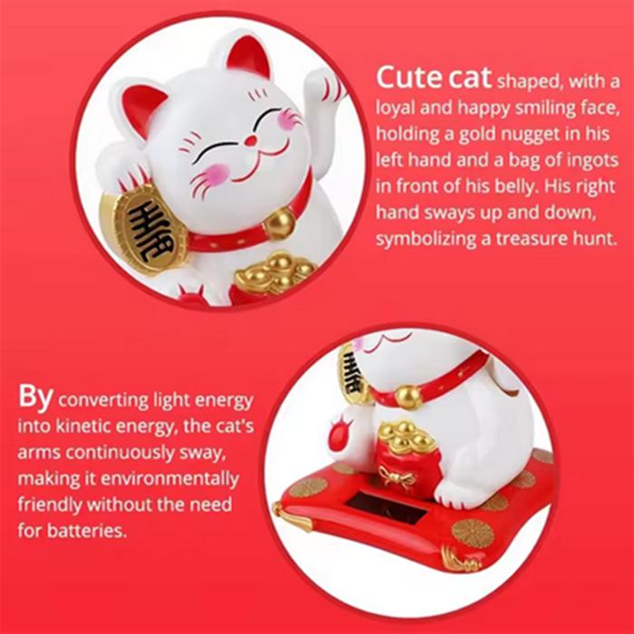Lucky Beckoning Cat Solar Powered Waving Wealth Good Fortune Awaits Solar-Powered Ornaments For Home, Office