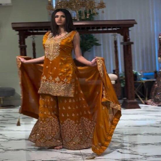 Vibrant Yellow Mirror Work Sharara Suit