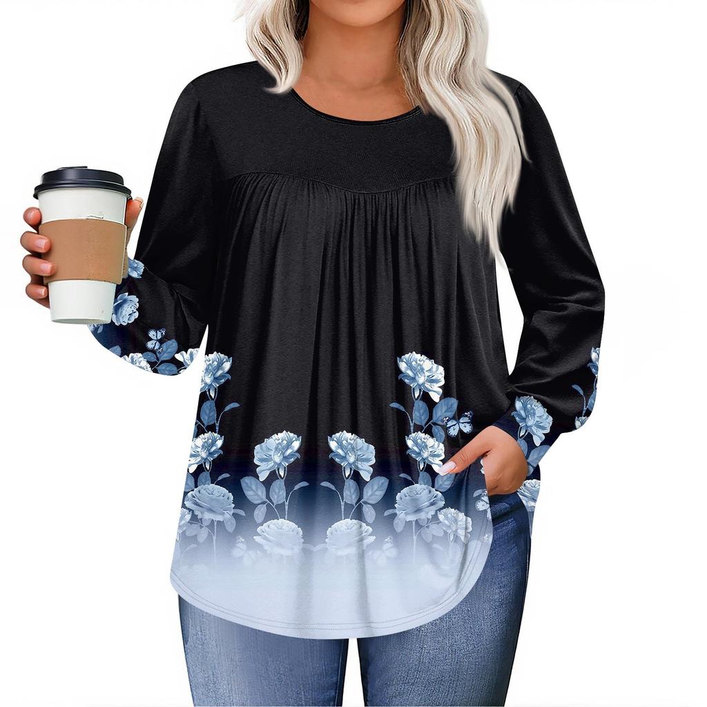 Womens Plus Size Tops Long Sleeve Shirts Round Neck Flowy Tunic Casual Loose Blouse L-5X