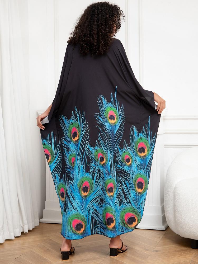 EDOLYNSA Green Printed Bohemian Peacock Print Loose Vacation Robe Classy Bathrobe Lounge wear Beach dress Light jacket Q1289