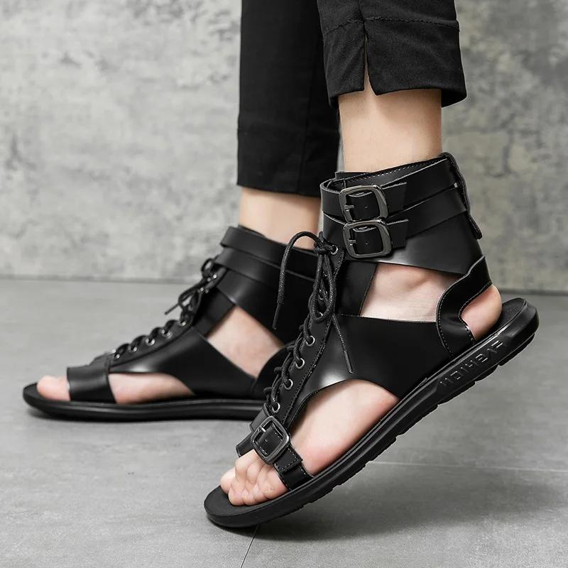 Новые летние мужские гладиаторы, кожаная повседневная обувь с пряжкой на шнуровке, дышащие пляжные сандалии, уличные тапочки, черные, белые, большие размеры