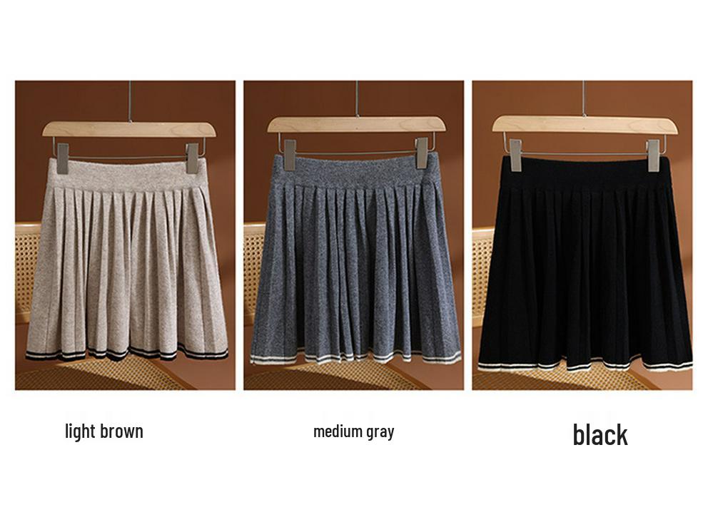 Color-Blocked Pleated Wool Knit Skirt - Elastic Waist, Korean Style, Autumn/Winter Casual Mini Skirt for Women