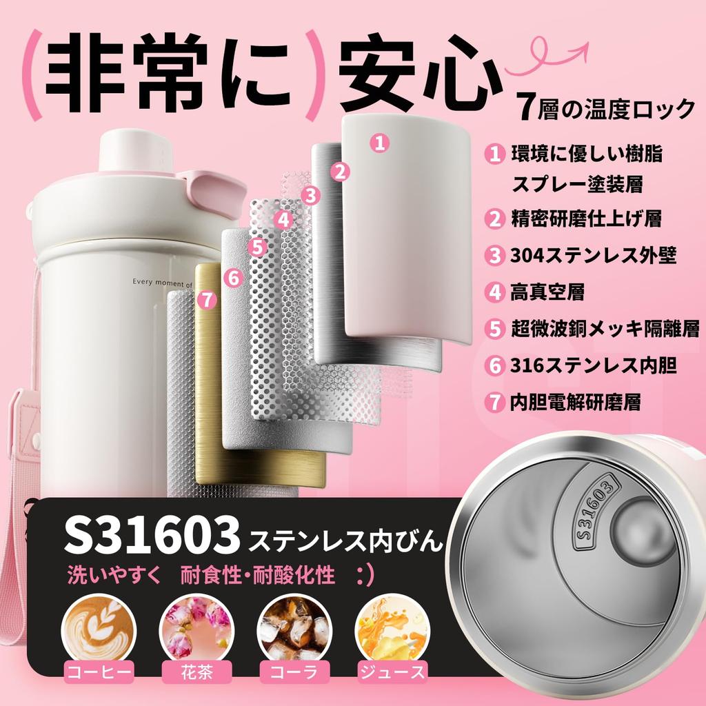 GOOM Water Bottle 600ml Thermal Bottle 31603 Stainless Steel Bottle 3WAY Water Bottle with Straw Large Capacity Vacuum Insulated Strap Included Tea