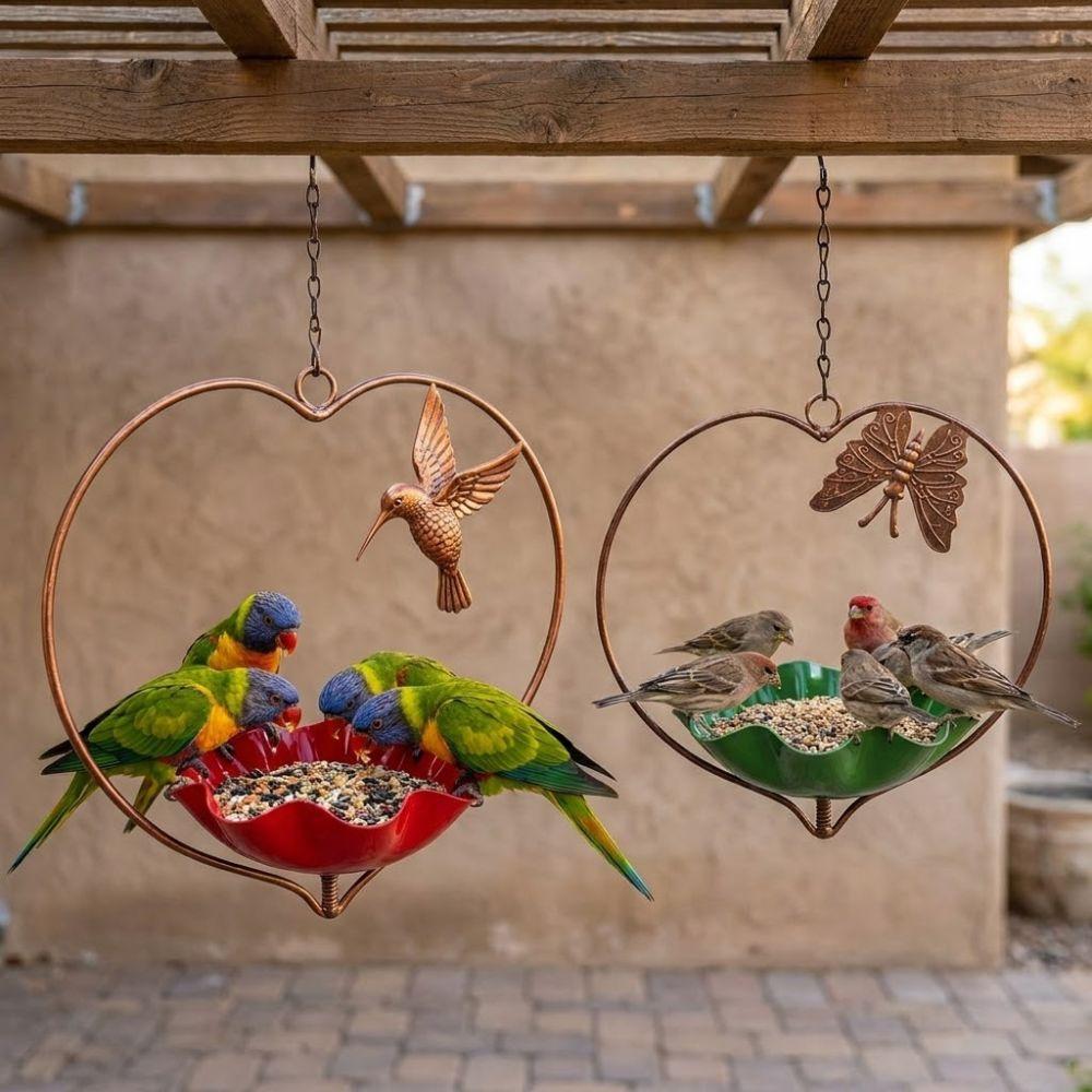 Wide-Mouth Heart Shape Bird Feeder Iron Art Retro Bird Bath Flower Bird Water Feeder Balcony Use