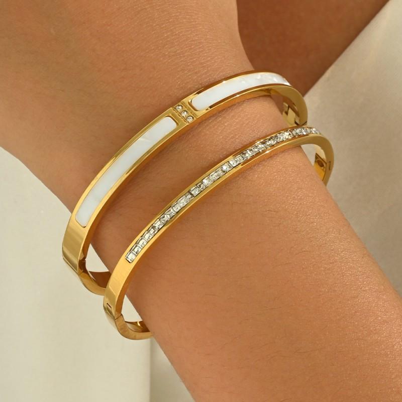 Stainless Steel Gold Plated Clover Charm Bangle Set With Rhinestone Accents Women
