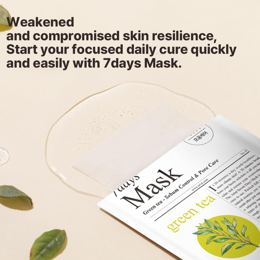 Ariul 7days Mask Green Tea S (1 Sheet, 23ml) Daily Purifying Sebum Control Korean Sheet Mask with Green Tea, Reduces Acne, Pore Refining, Hydratin
