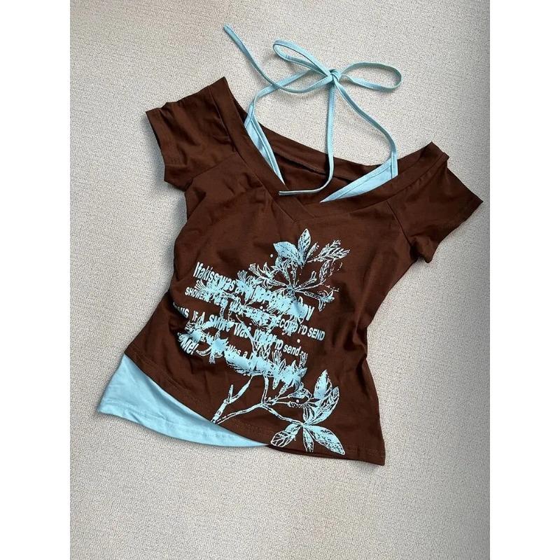 Летние поддельные две части бретелька через шею бандаж винтажные футболки Y2k эстетика тонкий укороченный топ женский гранж принт Harajuku повседневная сексуальная футболка