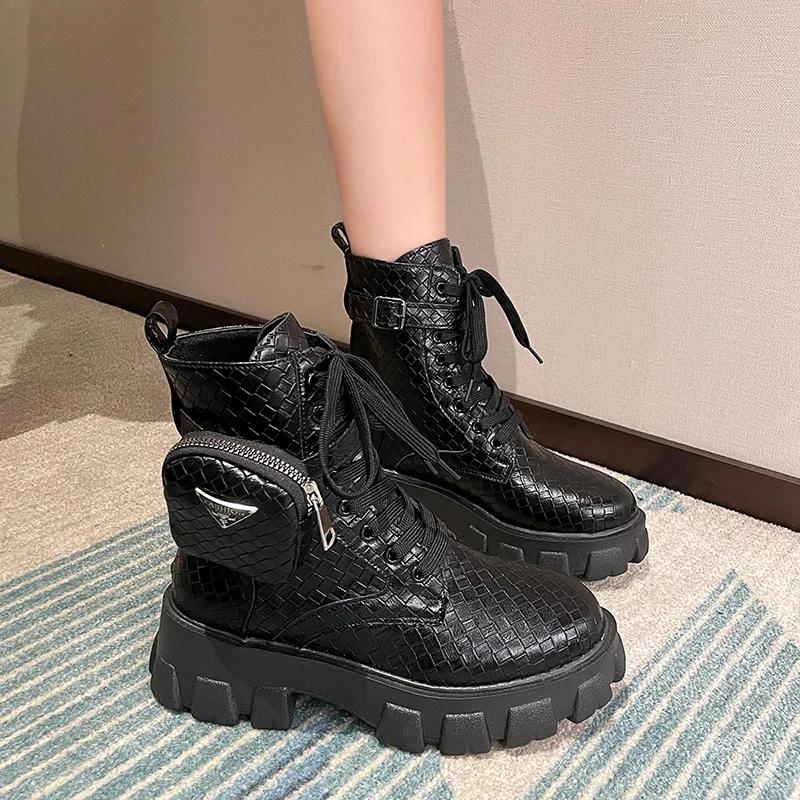 Fashion Women's Boots New Ankle Boots Women's Lace Up Thick Sole Black Leather Oxford Shoes Women's Bags Black Platform Boots