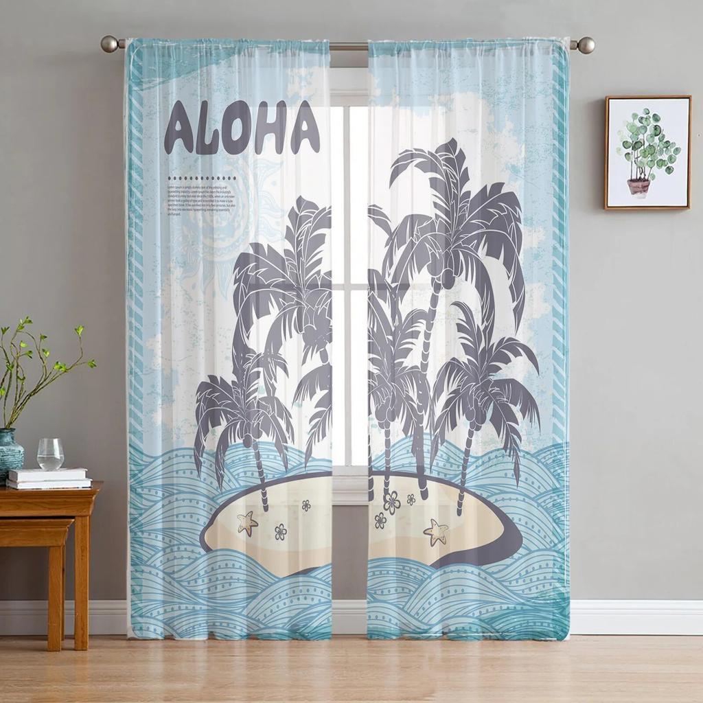 Hawaii Sea Island Tulle Curtains for Living Room Bedroom Sheer Curtain for Balcony Hall Fashion Printed Home Drapes