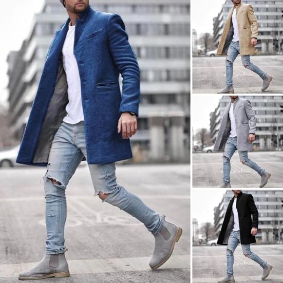 Men Woolen Coat Lapel Long Sleeve Mid-length Overcoat Solid Color Single Breasted Long Outwear with Side Pockets