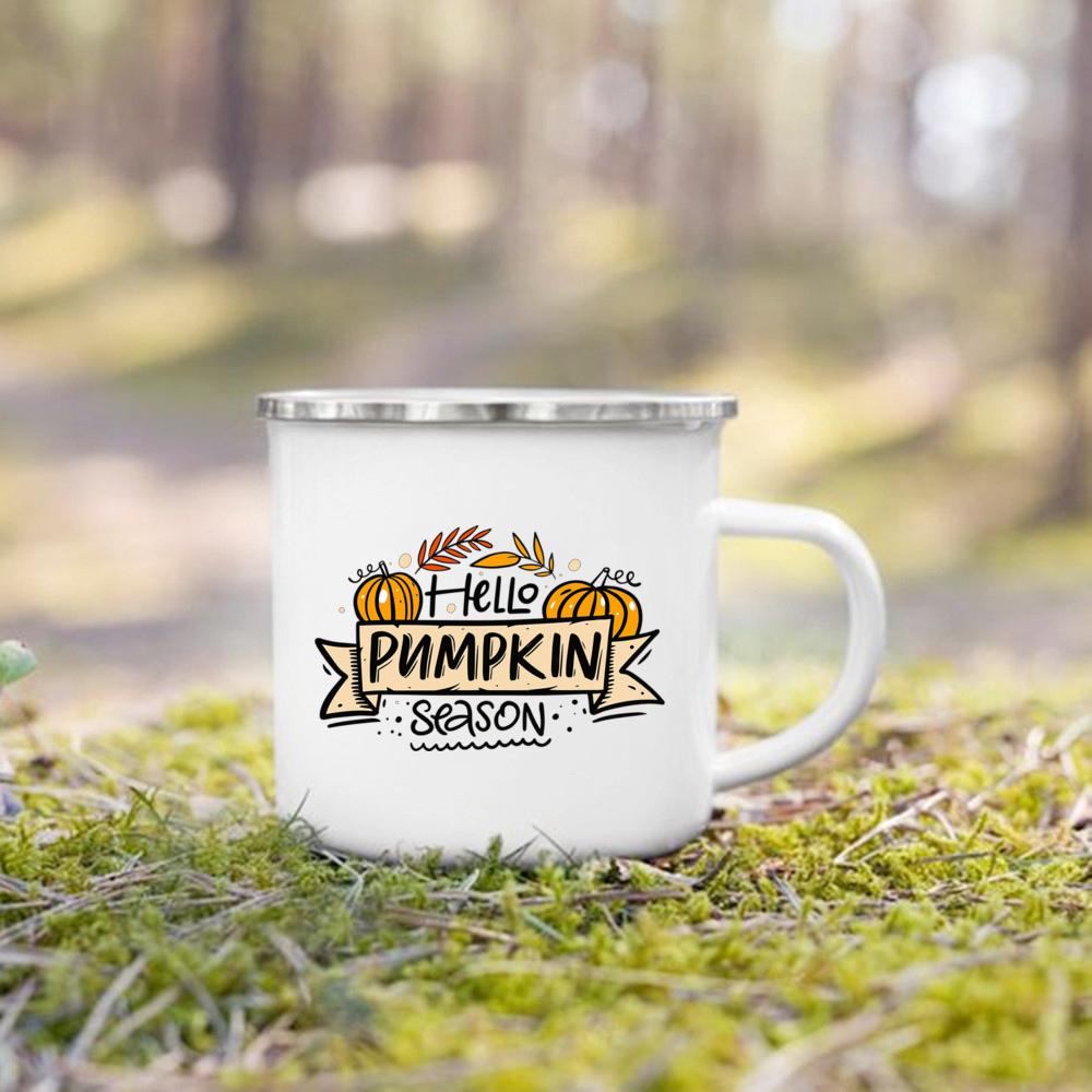 Hello Pumpkin Enamel Mug Halloween Camping Mug Gift For Grandma Mum Nana Autumn Home Decor Hygge Gift Fall Coffee Mug