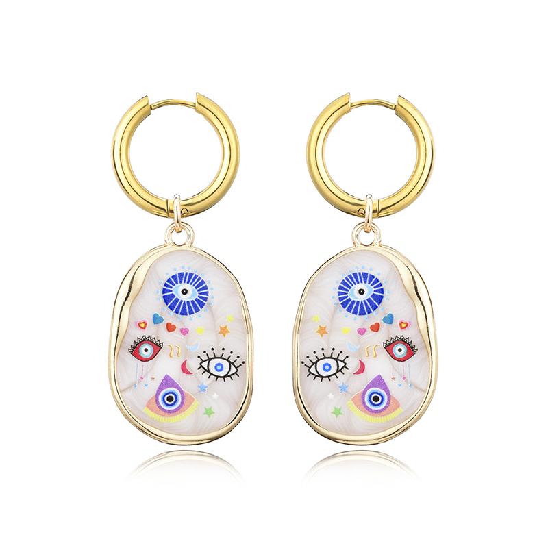 Trendy Colorful Eye Heart Star Pattern Stainless Steel Hoop Earrings Woman Vintage Geometric Enamel Gold Color Female Jewelry