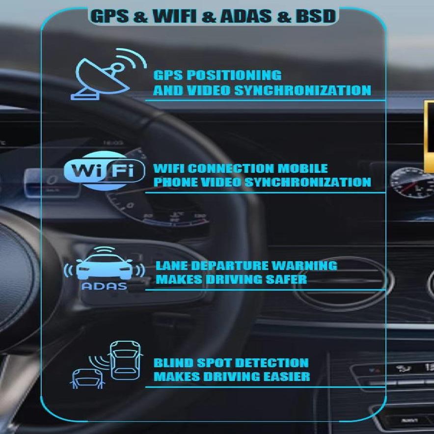 10.1-inch 4K HD WiFi Mobile Connected Driving Recorder with GPS ADAS 24-hour Monitoring Streaming Media
