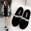 Cashmere Flats Female Crystal Bow-knot Fur Loafers Cotton Shoes Women Shearling Mary Jane Shoes Woman Plush Rhinestone Moccasins