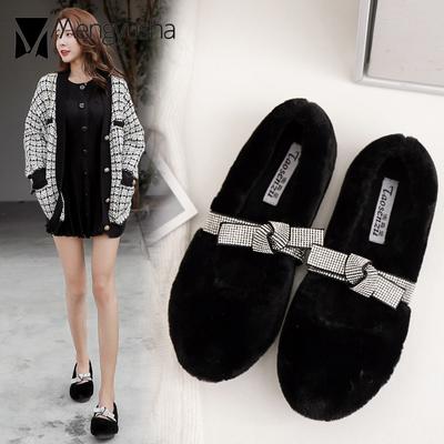 Модные кашемировые балетки женские мокасины с бантом из кристаллов меховые хлопковые туфли женские туфли Мэри Джейн из овчины женские плюшевые мокасины со стразами