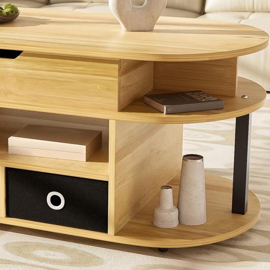Home Coffee Table Modern Wood-Grain with Lift-Up Function Storage Space and Black Fabric Center Drawers Versatile Stylish Practical for