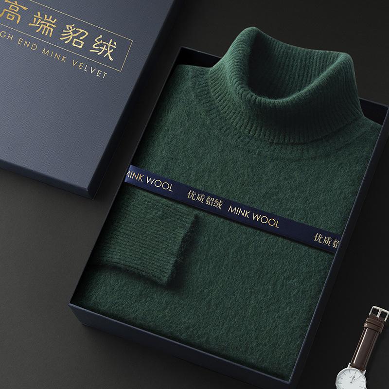 Men's High-Neck Mink Cashmere Sweater - Solid Color, Warm, Thick, Lapel, Base Layer.