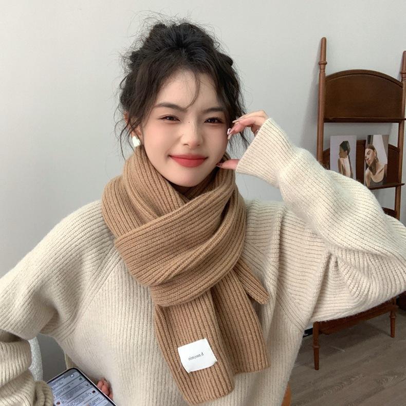 White scarf women's winter solid color wool thickened knitted warm scarf new Korean version versatile high sense