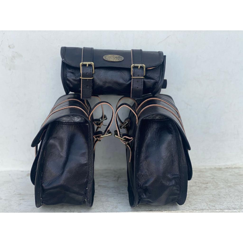 New Leather Black Motorcycle Combo Saddle 3 Bags Saddlebag Luggage 3 Side Bag