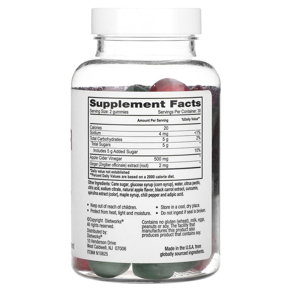 DietWorks, жевательные мармеладки с яблочным уксусом, яблочный вкус, 60 мармеладок