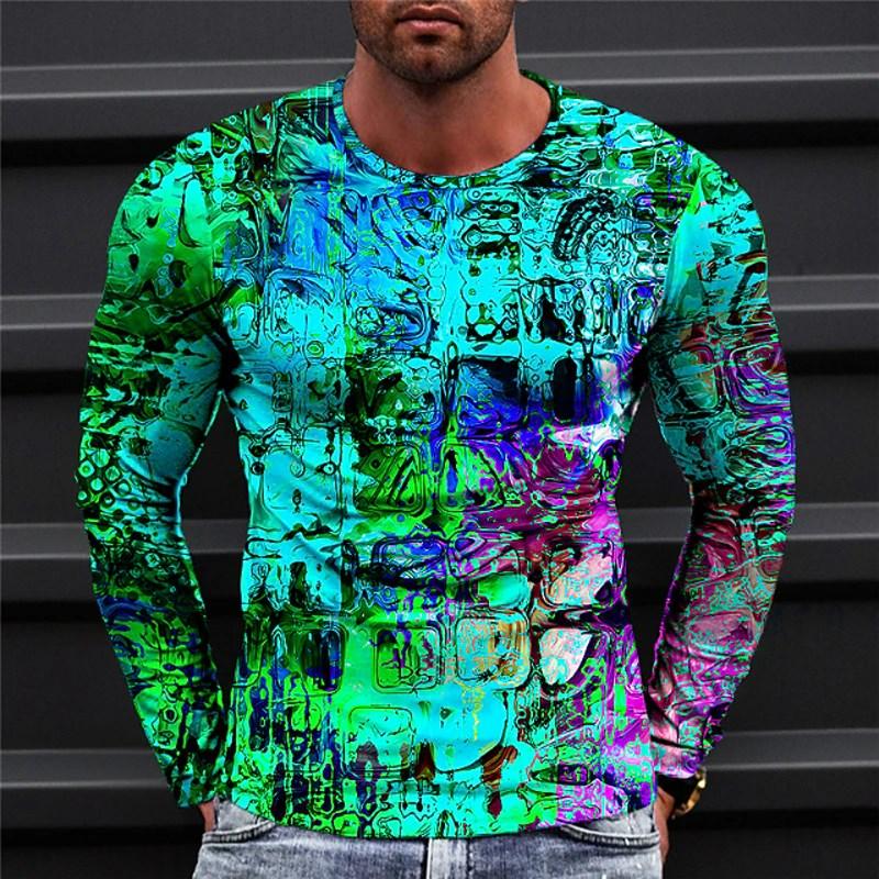 Spring and Autumn Round Neck 3D Colorful Geometric Pattern Printed Top Fashionable Casual Optical Illusion Long Sleeved Men's T-shirts