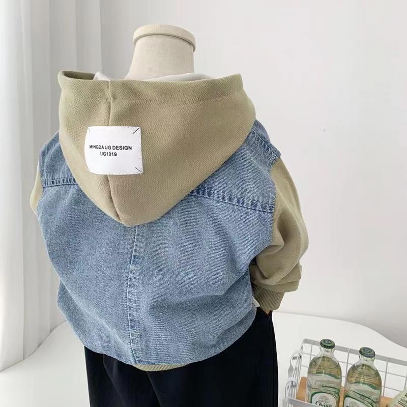 Весна Осень Джинсовая Куртка Для Мальчика Девочки Корейская Версия Модное Лоскутное Пальто С Капюшоном Повседневная Детская Одежда