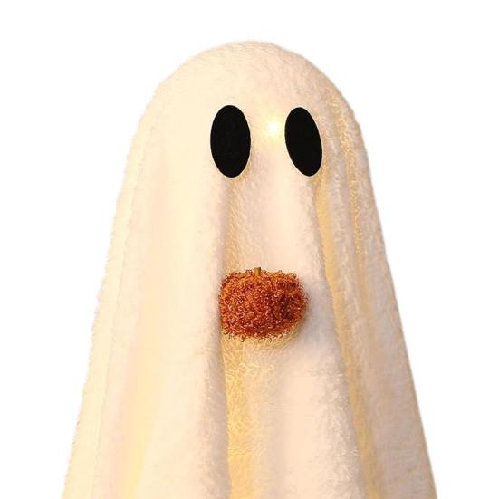 Light-Up Sherpa Ghosts with Pumpkin Cute Ghost Tabletop Decoration
