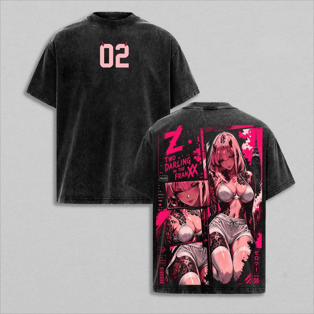 Hot Sale Anime Zero Two DARLING in The FRANXX Manga Graphic Print T-shirt Men Women Vintage Washed O-neck Cotton Loose Casual Oversized Summer New Tee
