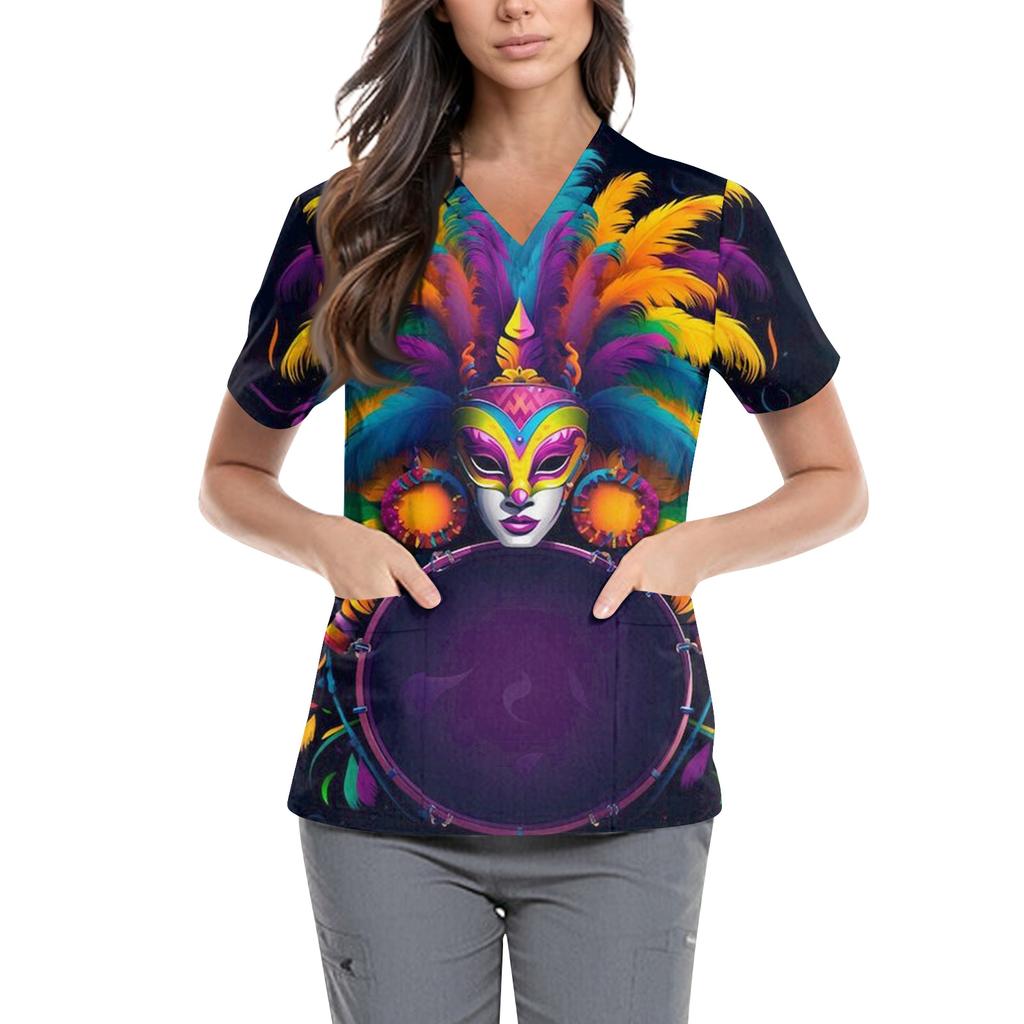 Women's Carnival Themed Outfit Party Mask Pattern Caregiver Top