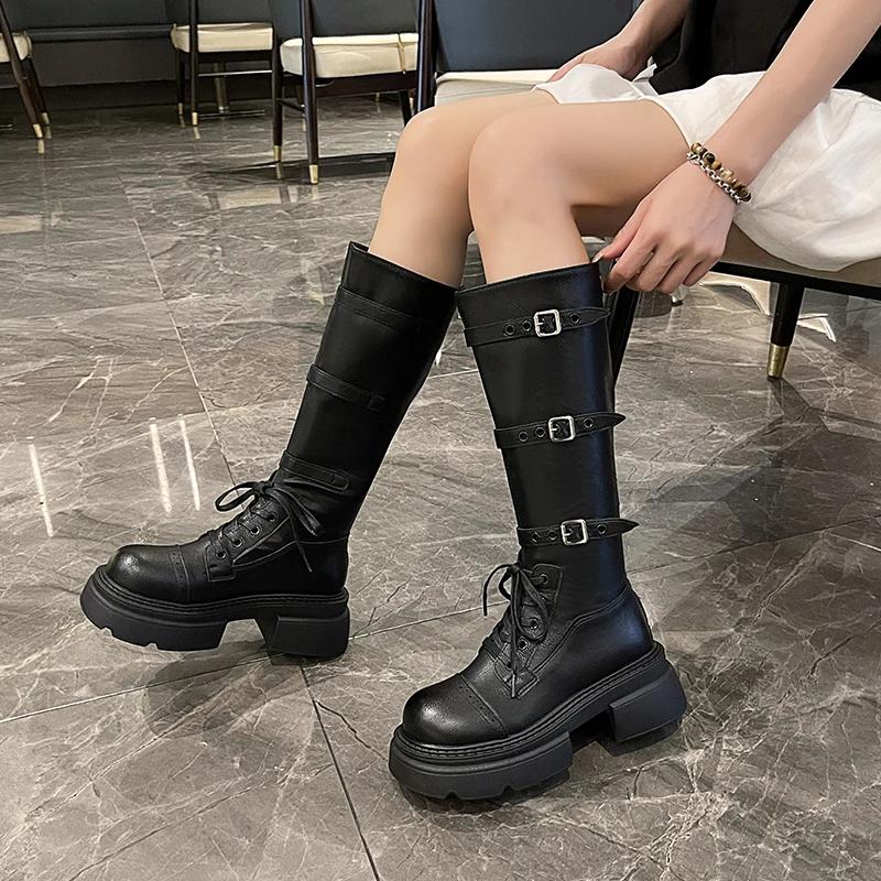 Модные женские одинарные сапоги, осенние, новые, с круглым носком, на молнии сзади, на толстой подошве, из коровьей кожи, с пряжкой, модные высокие сапоги в стиле темперамент