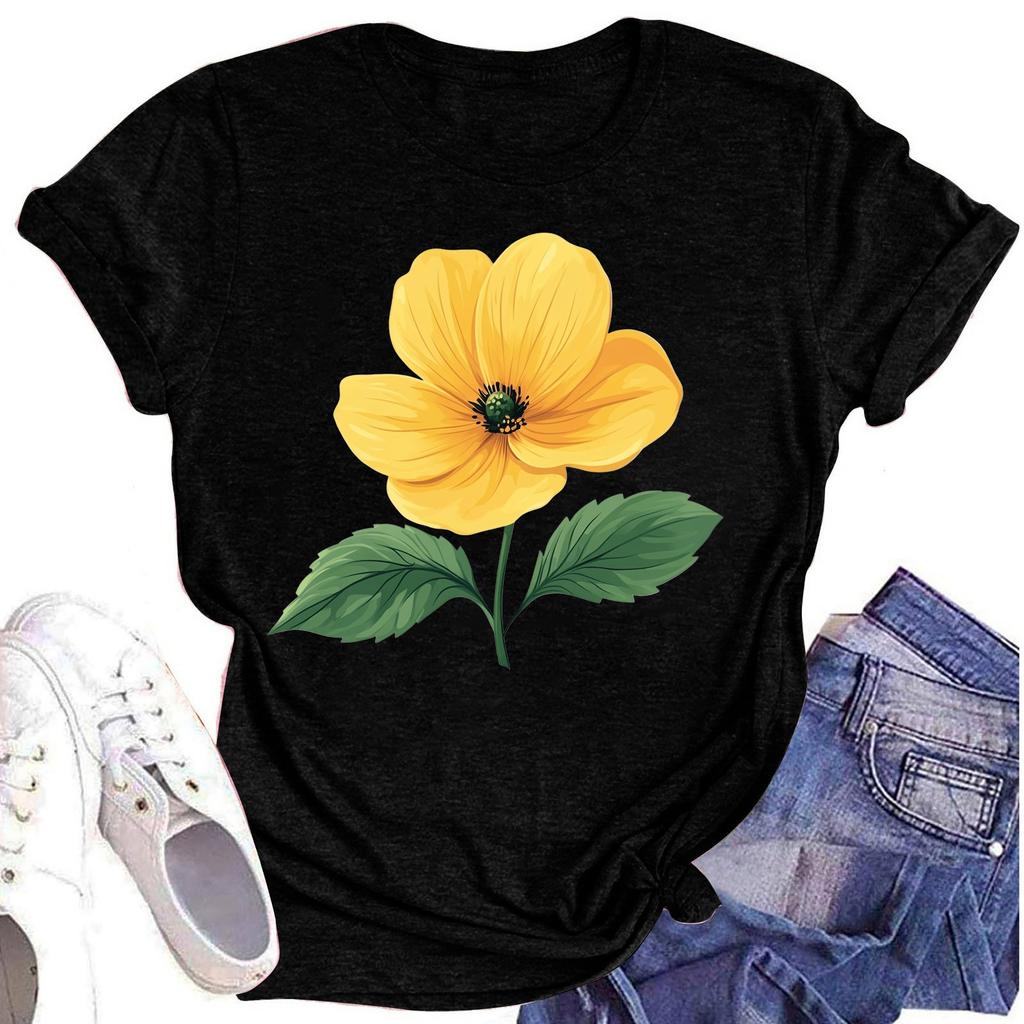 Женская повседневная футболка с круглым вырезом и цветочным принтом, короткий рукав