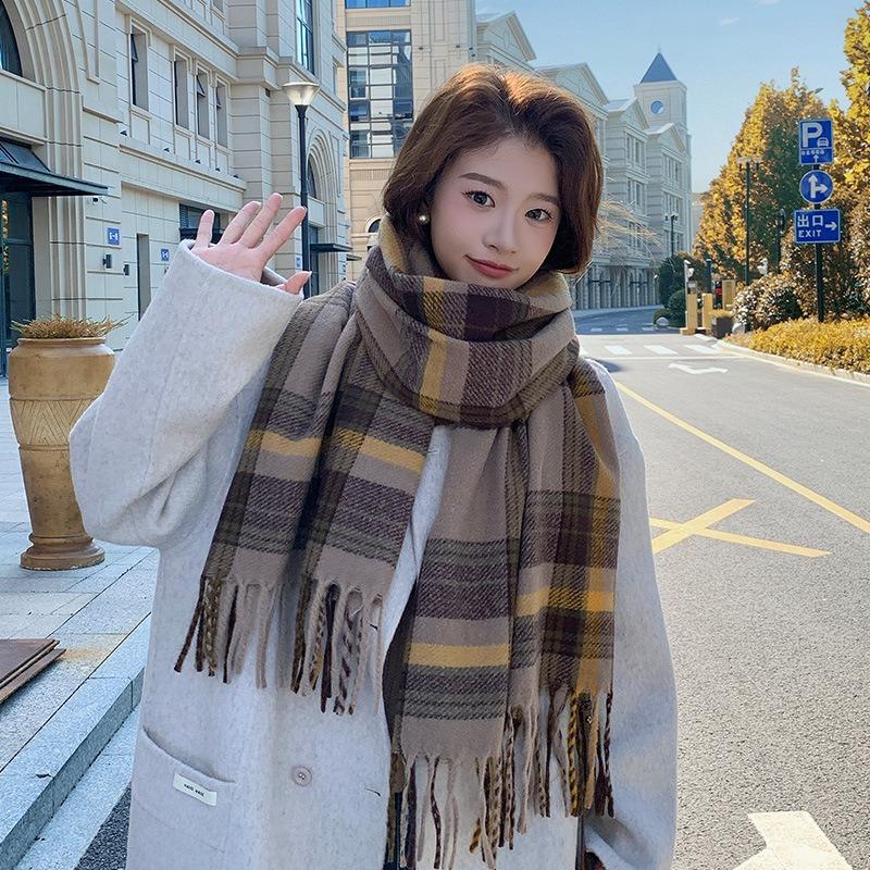2025 Korean Imitation Cashmere Scarf Women's Autumn and Winter High-end Warm Shawl Cute Versatile Plaid Scarf