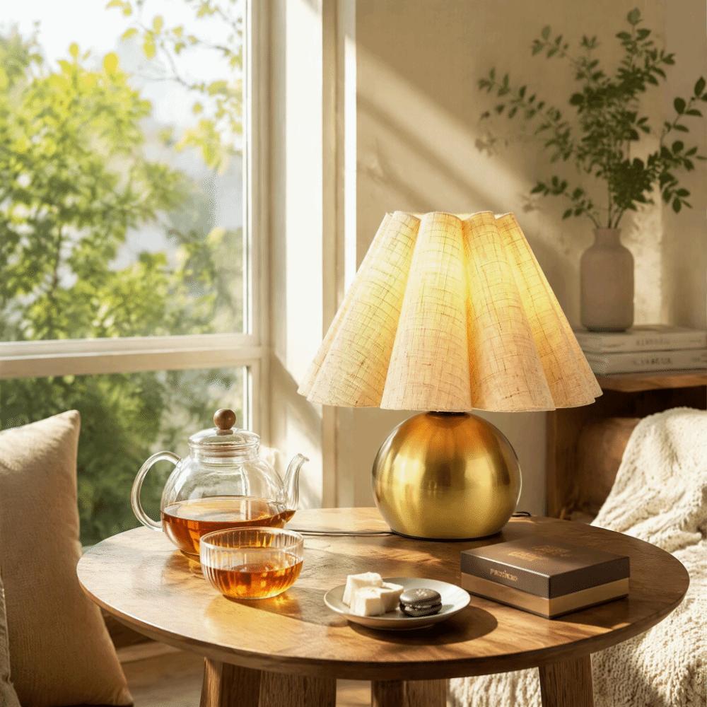 Brass Gold Table Lamp Walnut Wood Grain Night Light Shelves Ambient Night Light  Living Room Decor